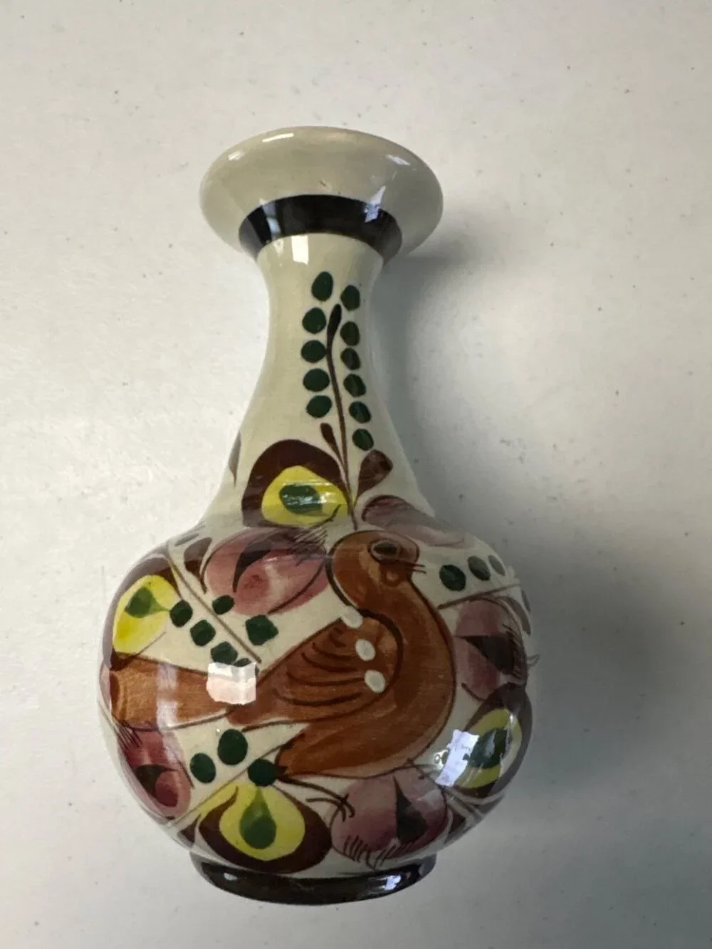 Vintage Tonala Pottery Bud Vase Mexican Folk Art Bird Decor Signed